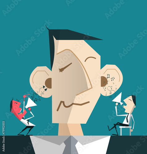 Businessman with devil and angel helping him to decide