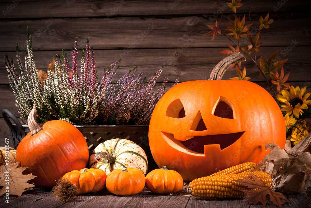 Obraz premium Autumn still life with Halloween pumpkins