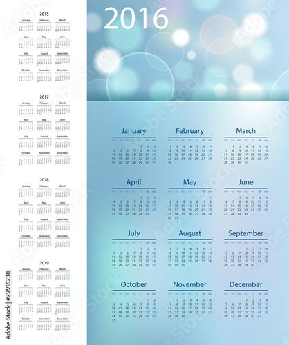 Blue calendar 2015, 2016, 2017, 2018, 2019 year. Week starts fro