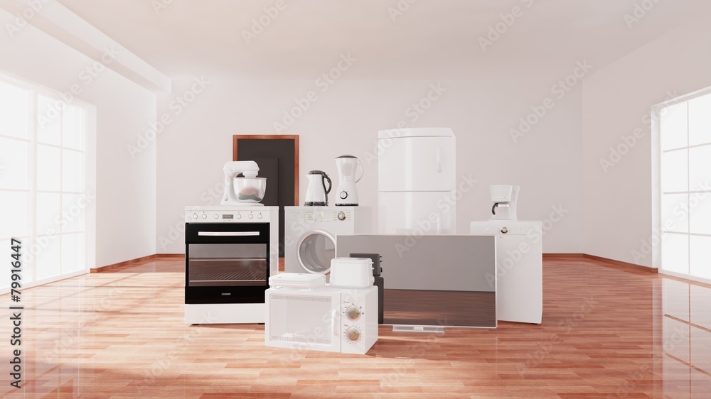 Empty room with window, parquet floor and appliances Empty room with window, parquet floor and appliances