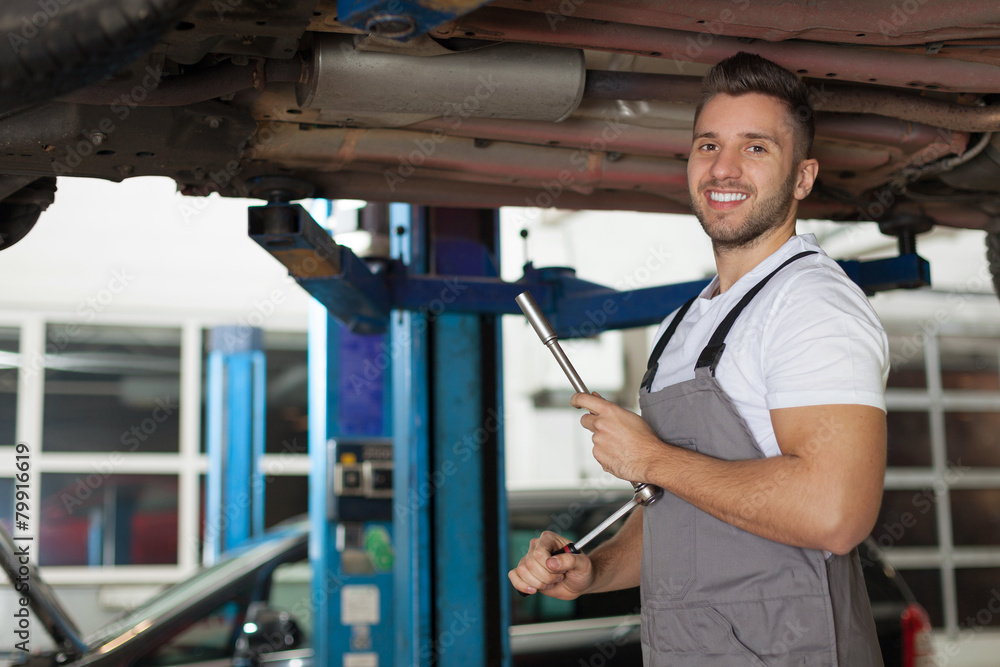 Man in workwear posing with a ratchet wrench Man in workwear posing with a ratchet wrench