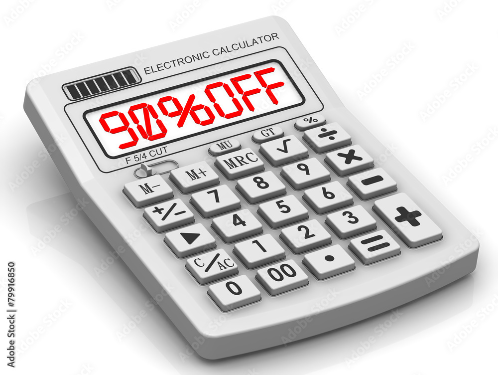 Скидка 90% (90% OFF). Надпись на электронном калькуляторе Скидка 90% (90% OFF). Надпись на электронном калькуляторе