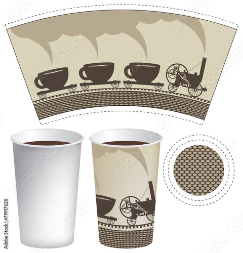 pattern paper cup of tea or coffee with an old steam locomotive
