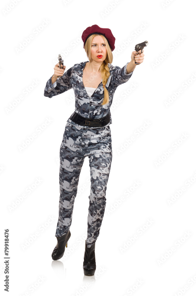 Woman soldier isolated on white