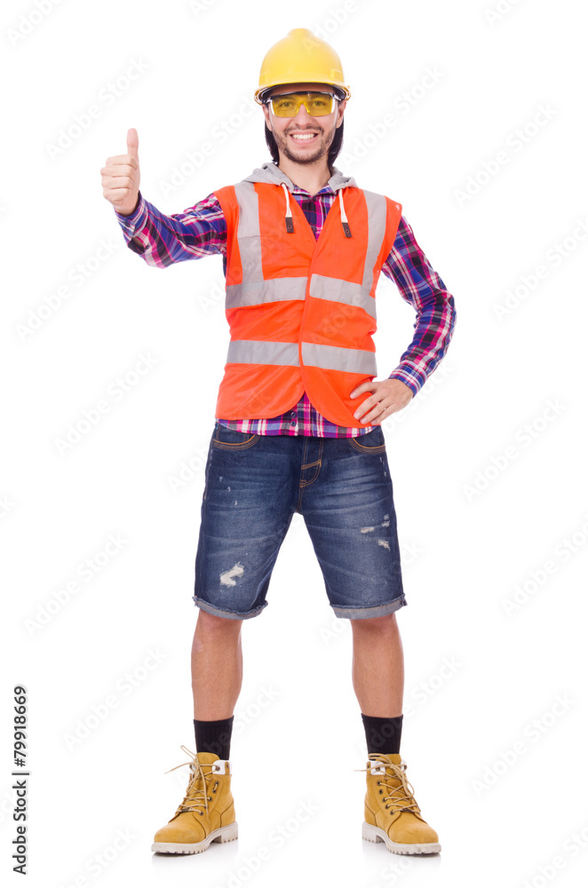 Young construction worker thumbs upisolated on white Young construction worker thumbs upisolated on white