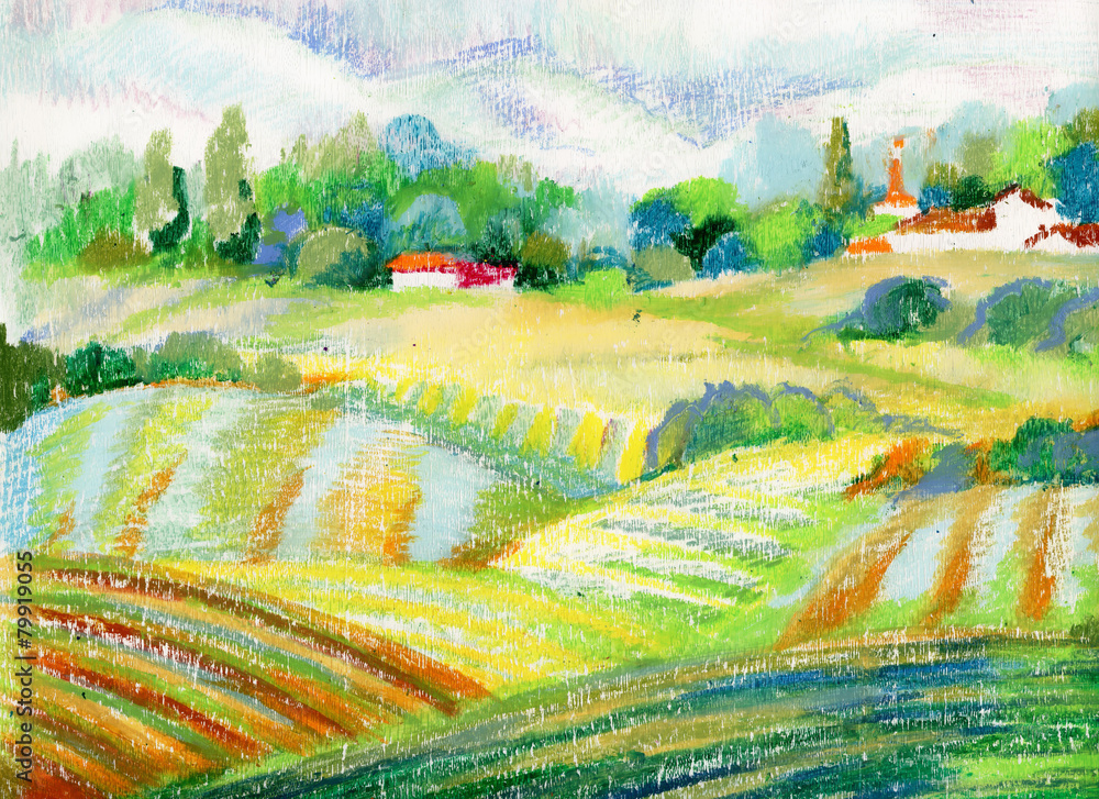 Fototapeta premium Hand painted pastel countryside landscape