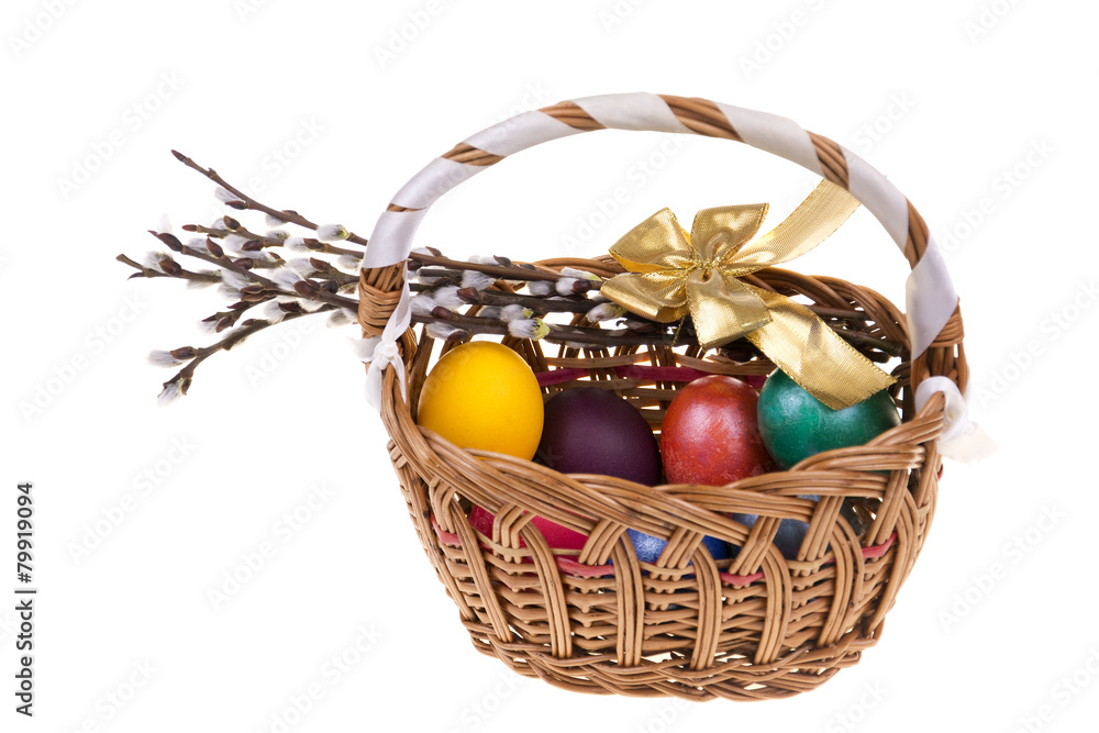 Easter catkins and basket with Easter eggs . Easter catkins and basket with Easter eggs .
