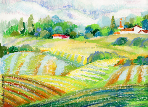 Hand painted pastel countryside landscape