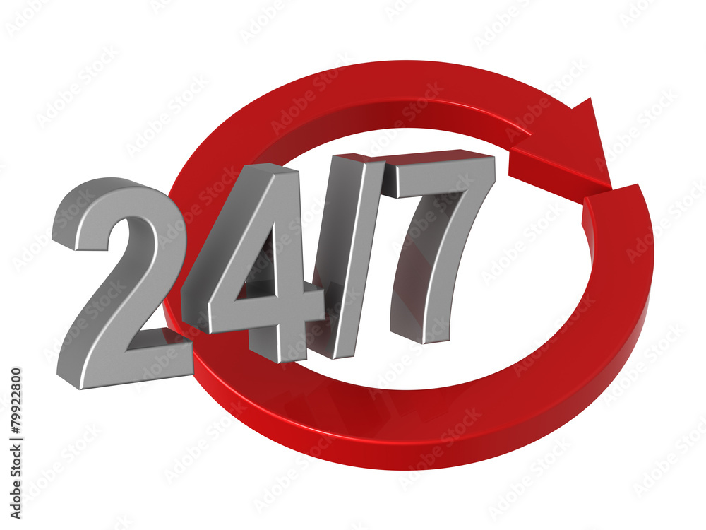 24 hours a day and 7 days a week sign isolated over white. 24 hours a day and 7 days a week sign isolated over white.