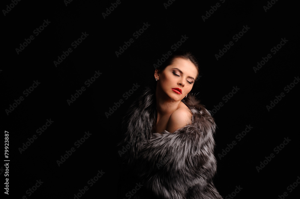 Beauty Fashion Model Girl in Blue Mink Fur Coat Beauty Fashion Model Girl in Blue Mink Fur Coat