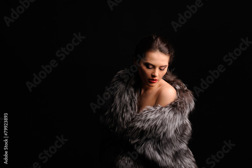 Beauty Fashion Model Girl in Blue Mink Fur Coat