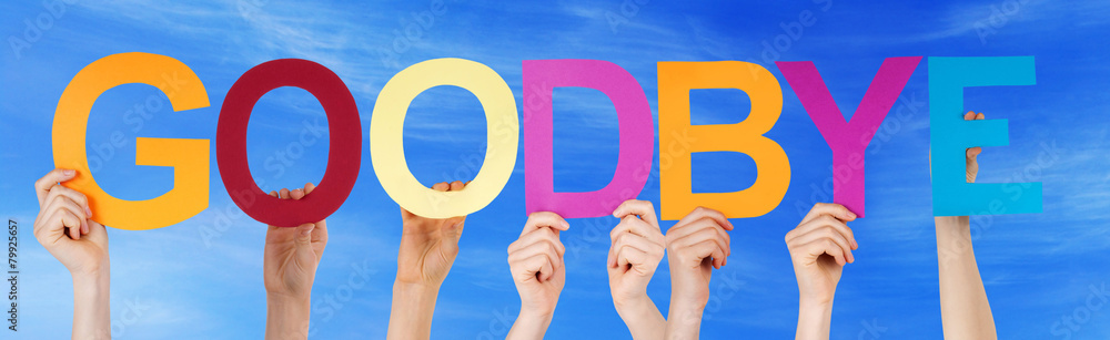 Many People Hands Holding Colorful Straight Word Goodbye Blue Sk Stock