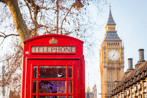Famous red telephone box with Big Ben on background © william87