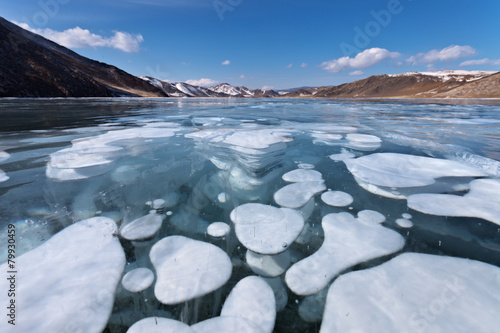 Baikal Lake in winter. Close view on ice with bubbles