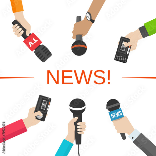 News, journalism concept. Hands with microphones and dictaphones