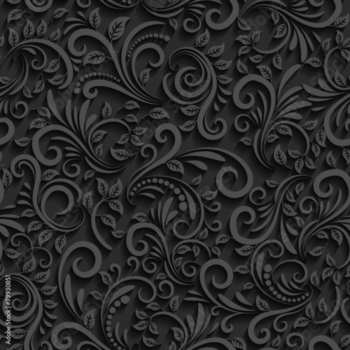 Vector black floral seamless pattern with shadow for invitation