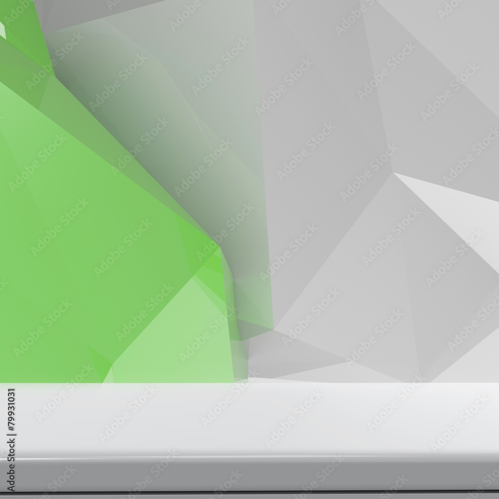 Obraz premium Empty laminate shelf on laminate table and low poly geometric ba