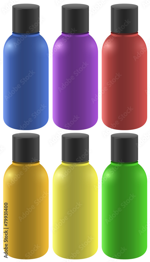 Six colourful bottles