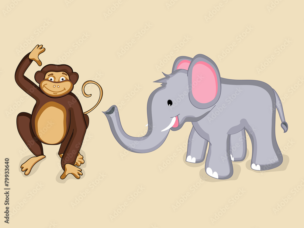 Cute cartoon of a smiling monkey and elephant characters.