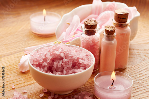 Spa still life with sea salt and flower petals