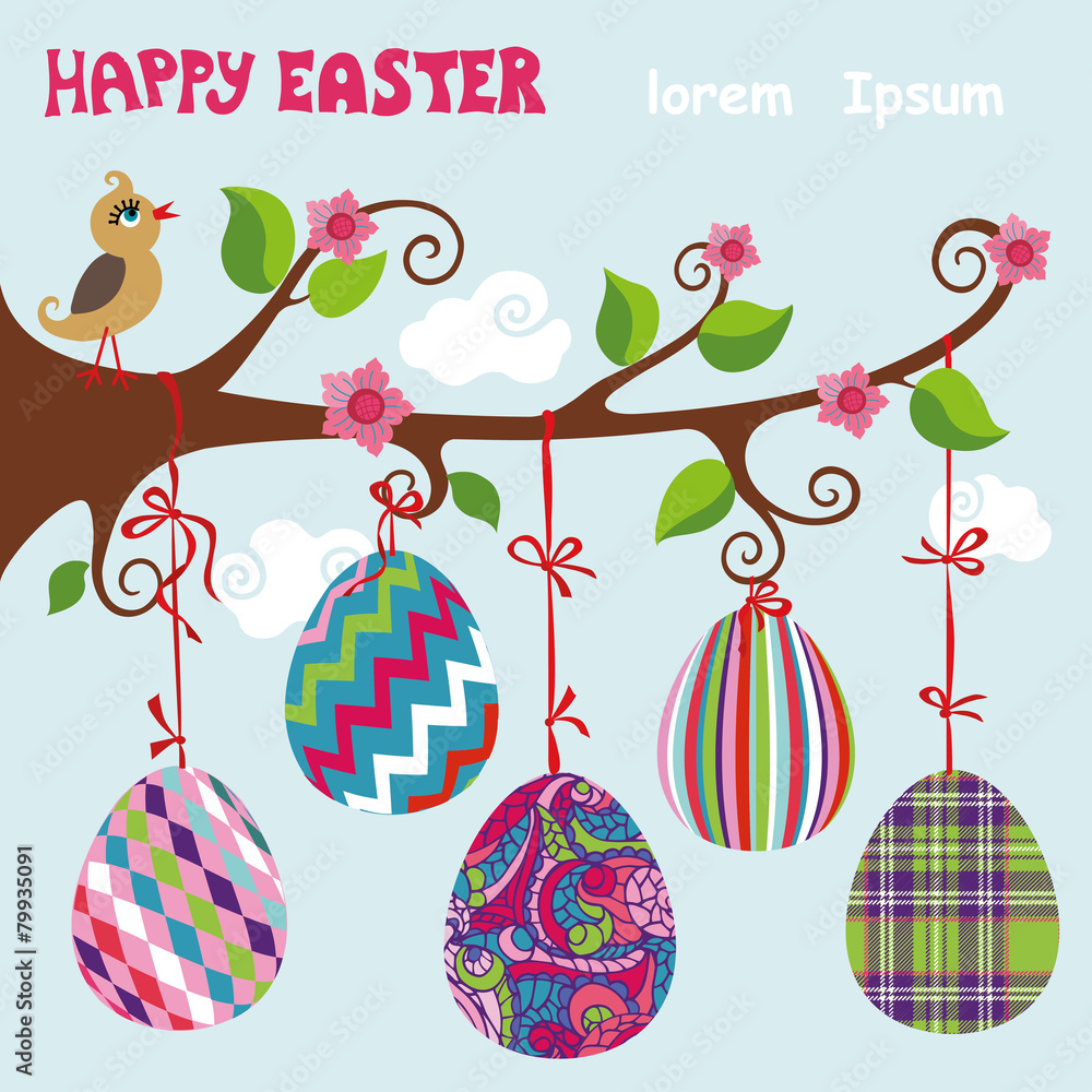 Bird on tree. Easter eggs with ribbons
