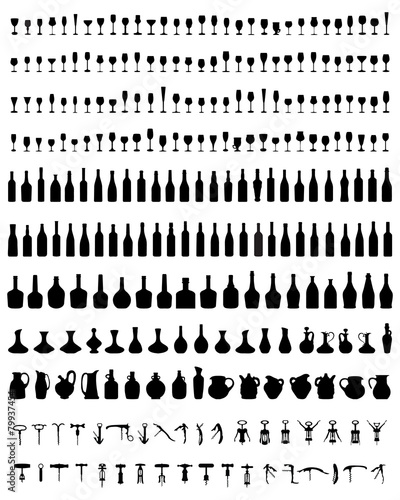 Silhouettes of bottles, glasses and corkscrew, vector