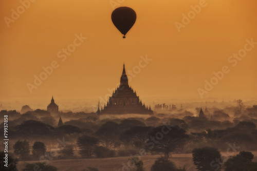 balloon over pagoda fields