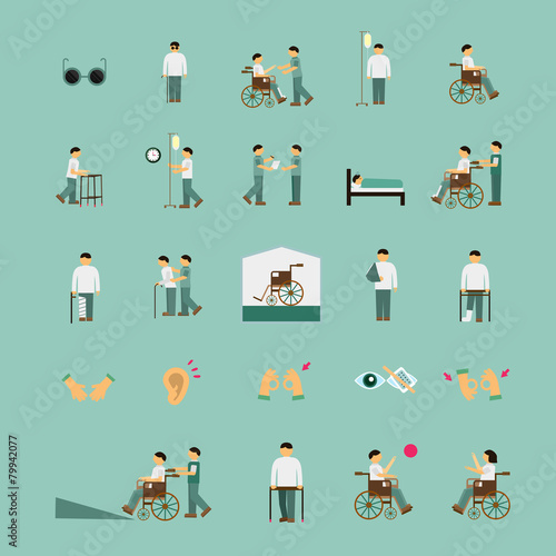 disabled people care help flat icons set