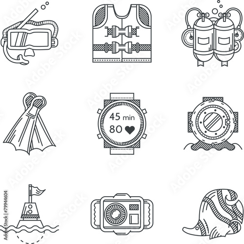 Black line vector icons for diving