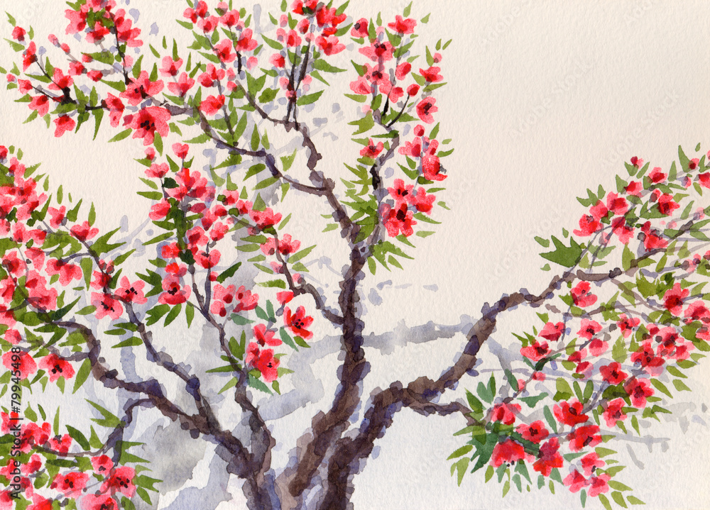 Watercolor background. Red flowers on the tree Watercolor background. Red flowers on the tree