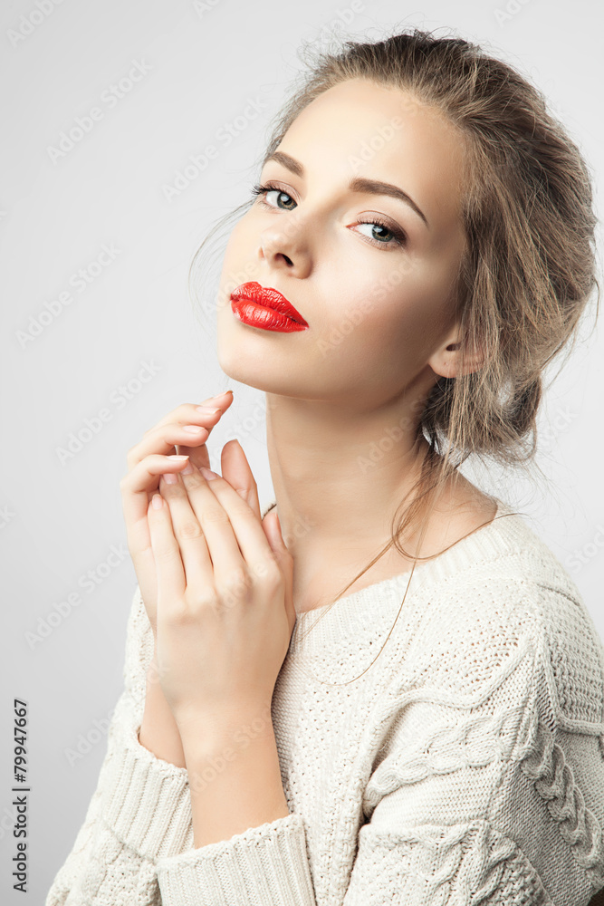 Fototapeta premium Portrait of woman with red lips and perfect skin