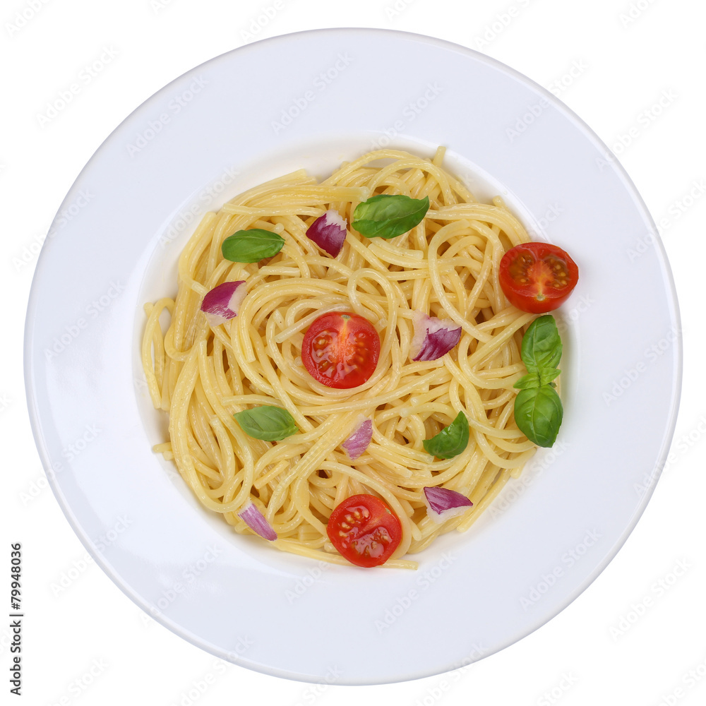 Spaghetti Nudeln Pasta Gericht mit Tomaten und Basilikum auf Tel