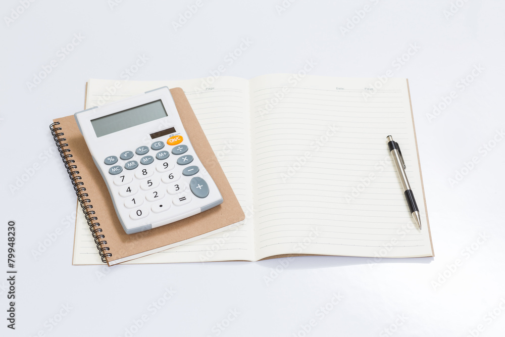 Blank notebook with office accessories on white table Blank notebook with office accessories on white table