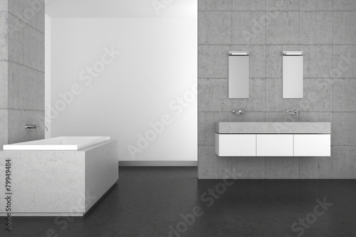 modern bathroom with concrete wall and dark floor