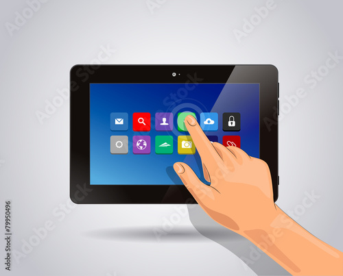 Realistic tablet Isolated with apps icons and touch hand.