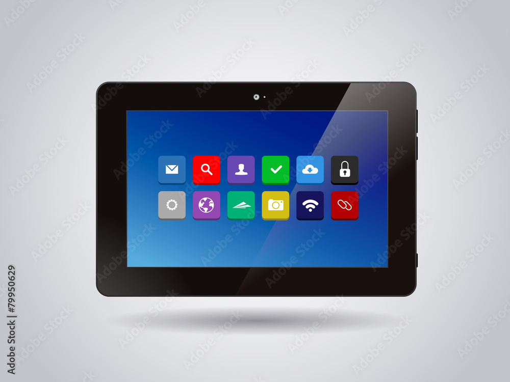 Realistic glossy tablet PC Isolated with apps icons.