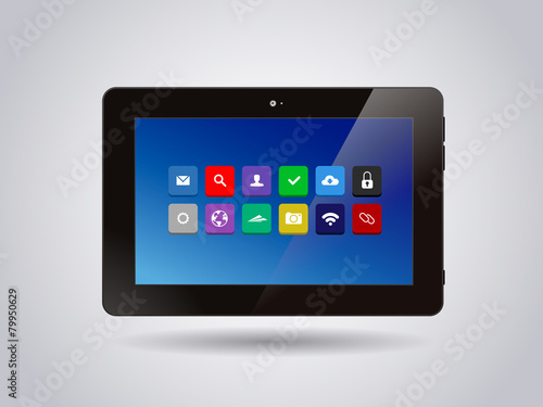 Realistic glossy tablet PC Isolated with apps icons.