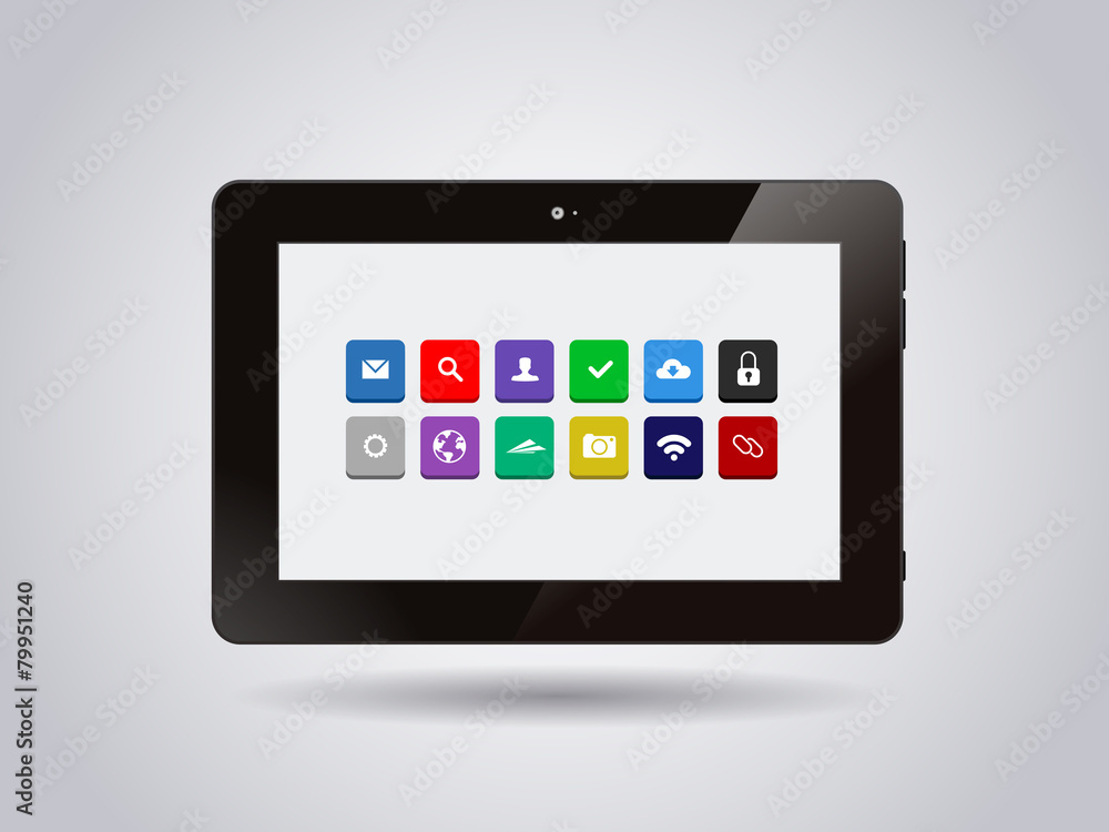 Realistic glossy tablet PC Isolated with apps icons. Realistic glossy tablet PC Isolated with apps icons.