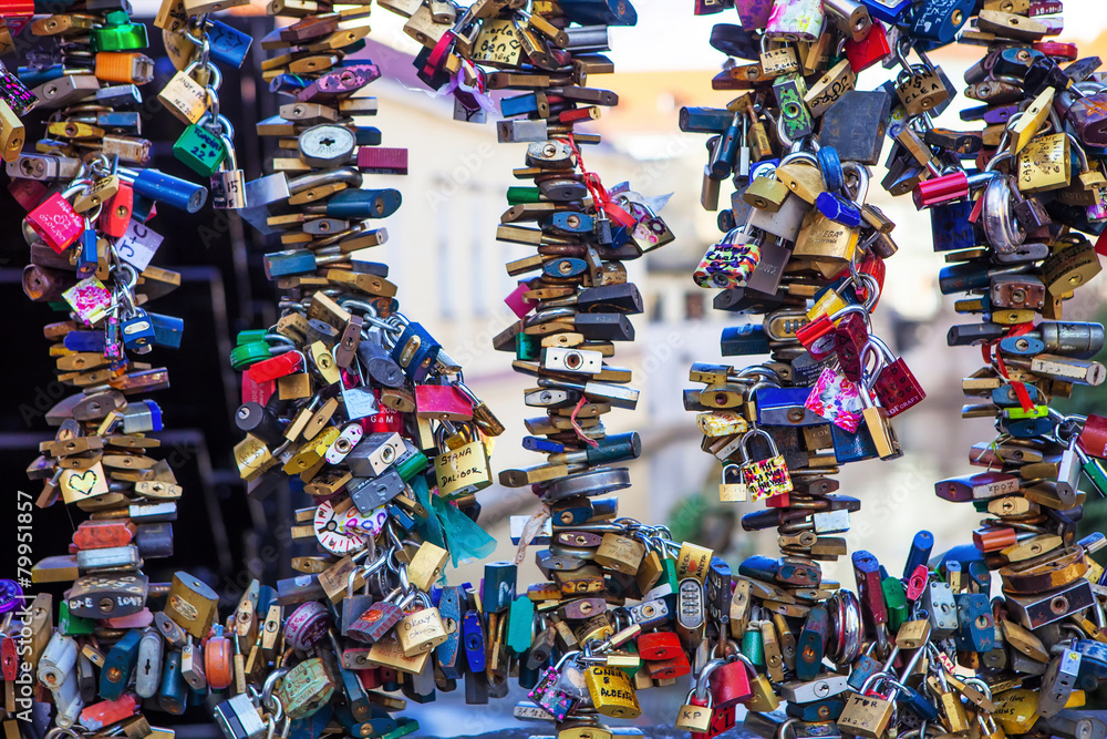 padlocks locked luck on a metal fence, Prague Czech Republic padlocks locked luck on a metal fence, Prague Czech Republic