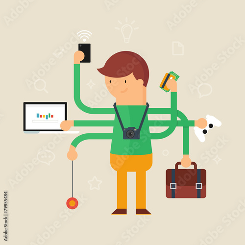 Multitasking man vector illustration, flat style