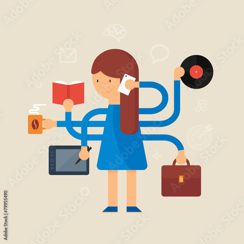 Multitasking woman vector illustration, flat style