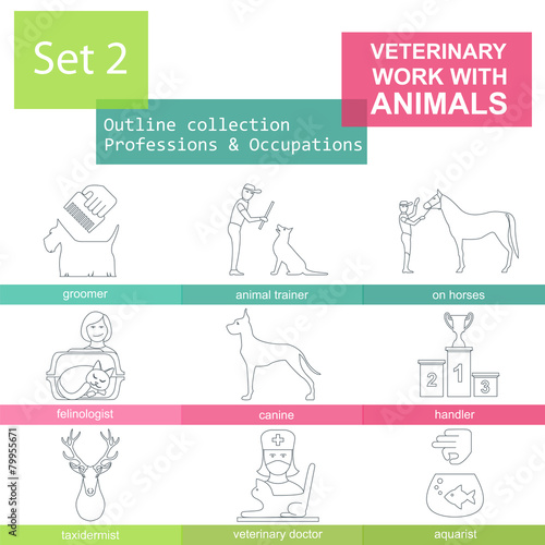 Professions and occupations outline icon set. Veterinary, work w