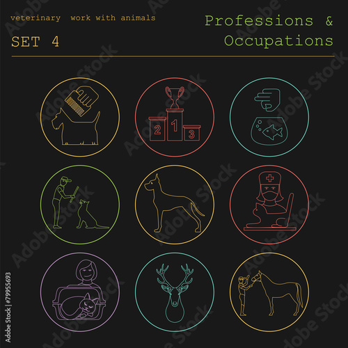 Professions and occupations outline icon set. Veterinary, work w