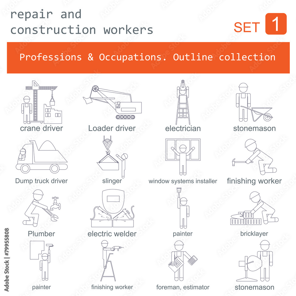 Professions and occupations outline icon set. Repair and constru