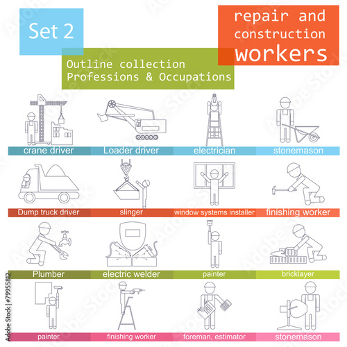 Professions and occupations outline icon set. Repair and constru