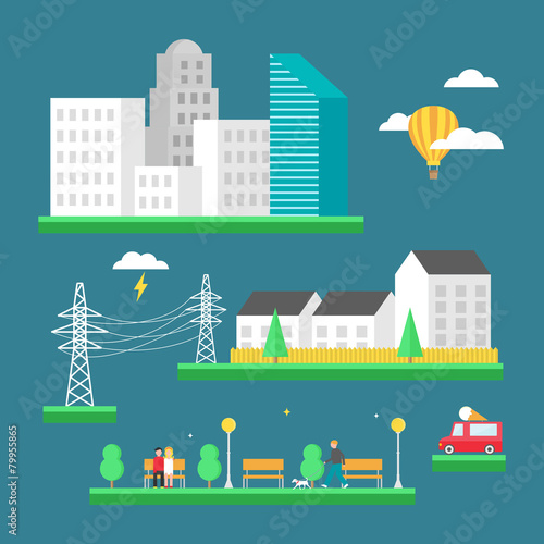 Urban landscape: business center, skyscrapers, houses, park. Vec