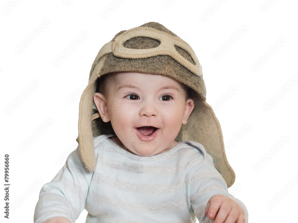 Caucasian baby boy in pilot hat isolated Caucasian baby boy in pilot hat isolated