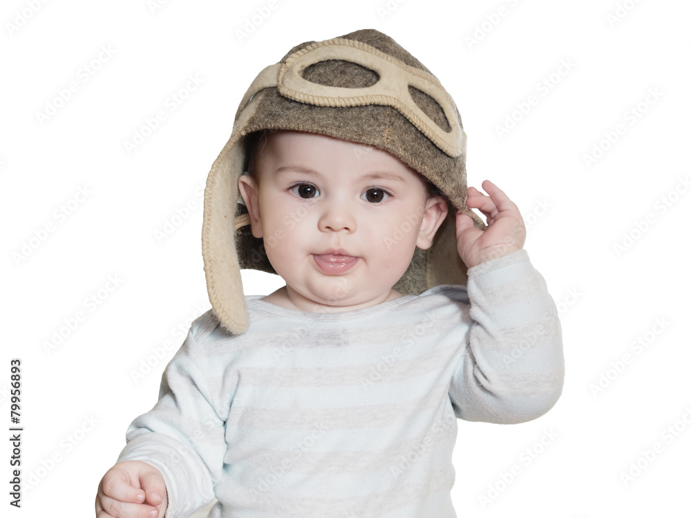 Caucasian baby boy in pilot hat isolated Caucasian baby boy in pilot hat isolated