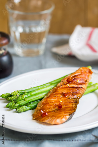 Grilled Chilli Salmon with steamed Asparagus