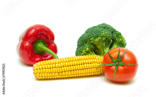 corn  broccoli  sweet pepper and tomato isolated on white backgr